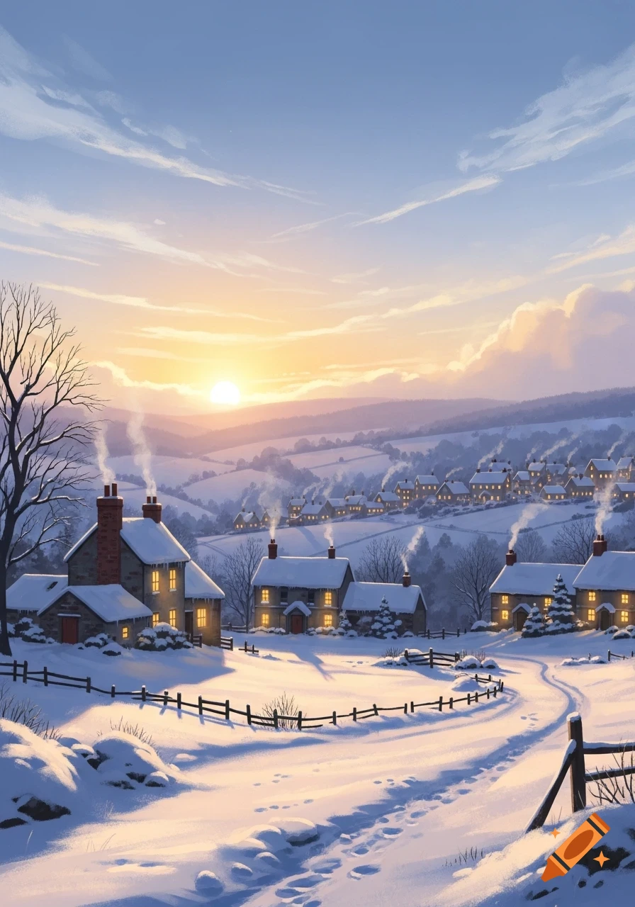 Painterly winter landscape at sunset. A snowy village with illuminated houses and smoking chimneys is nestled in rolling hills. A path winds through the foreground.