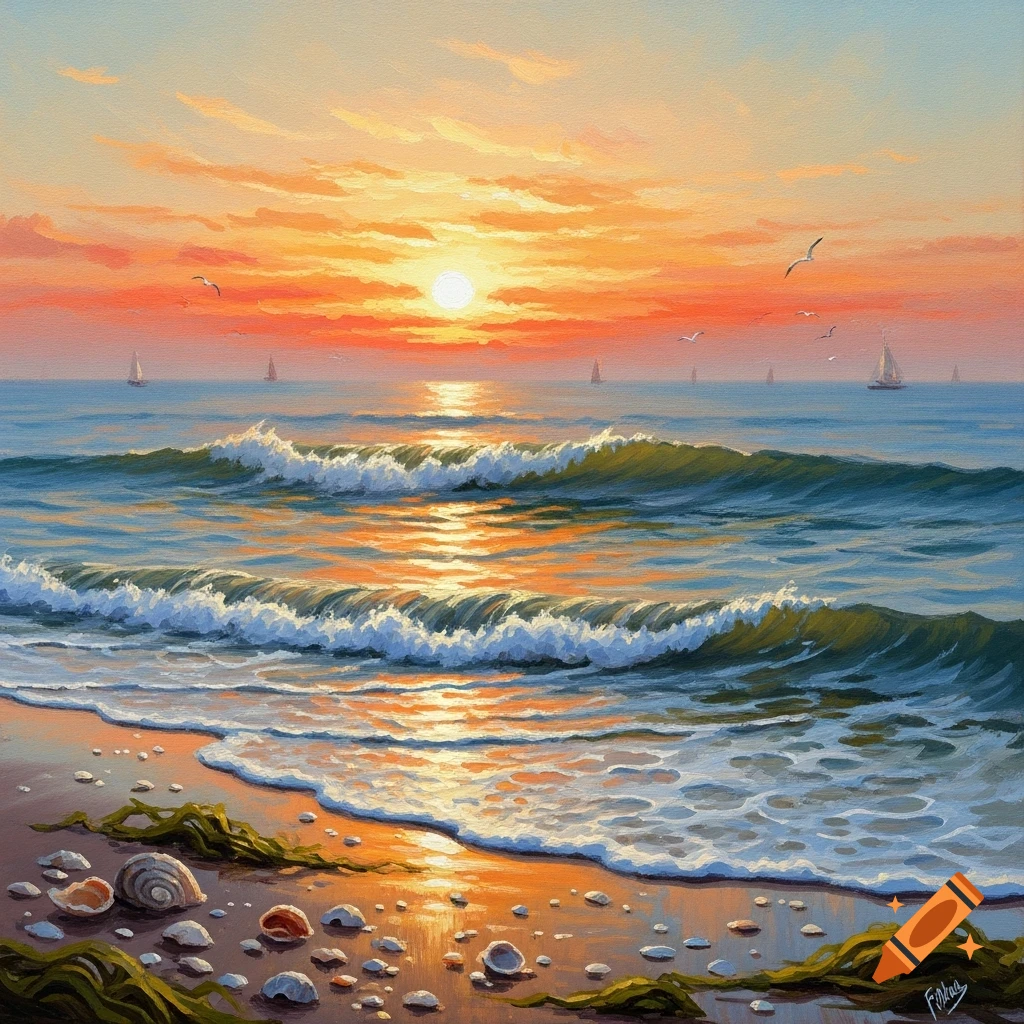 Impressionist painting of a beach sunset with orange sky, crashing waves, shells on sand, and distant sailboats.