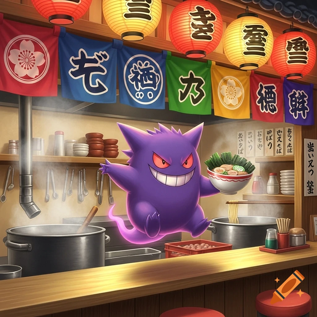 A purple Gengar happily floats in a traditional Japanese ramen shop, holding a bowl of ramen with chopsticks in it.
