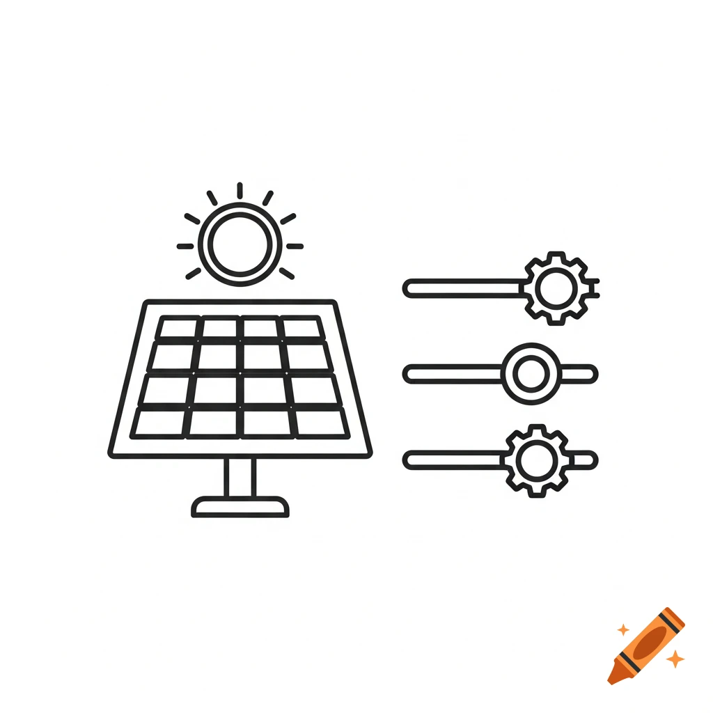 Minimalist line art icon of a solar panel with a sun above it, and three horizontal settings sliders with gear and circular knobs.