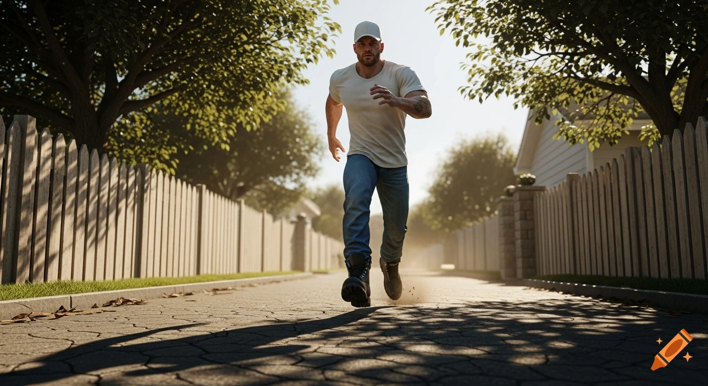 A man in a white baseball cap, t-shirt, blue jeans, and black boots runs down a cracked suburban lane alongside a picket fence on a sunny day.