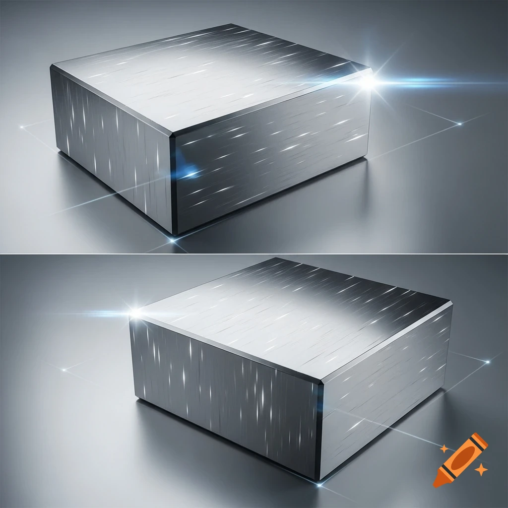 Two views of a shiny, brushed steel block with bright light reflections on a dark surface.