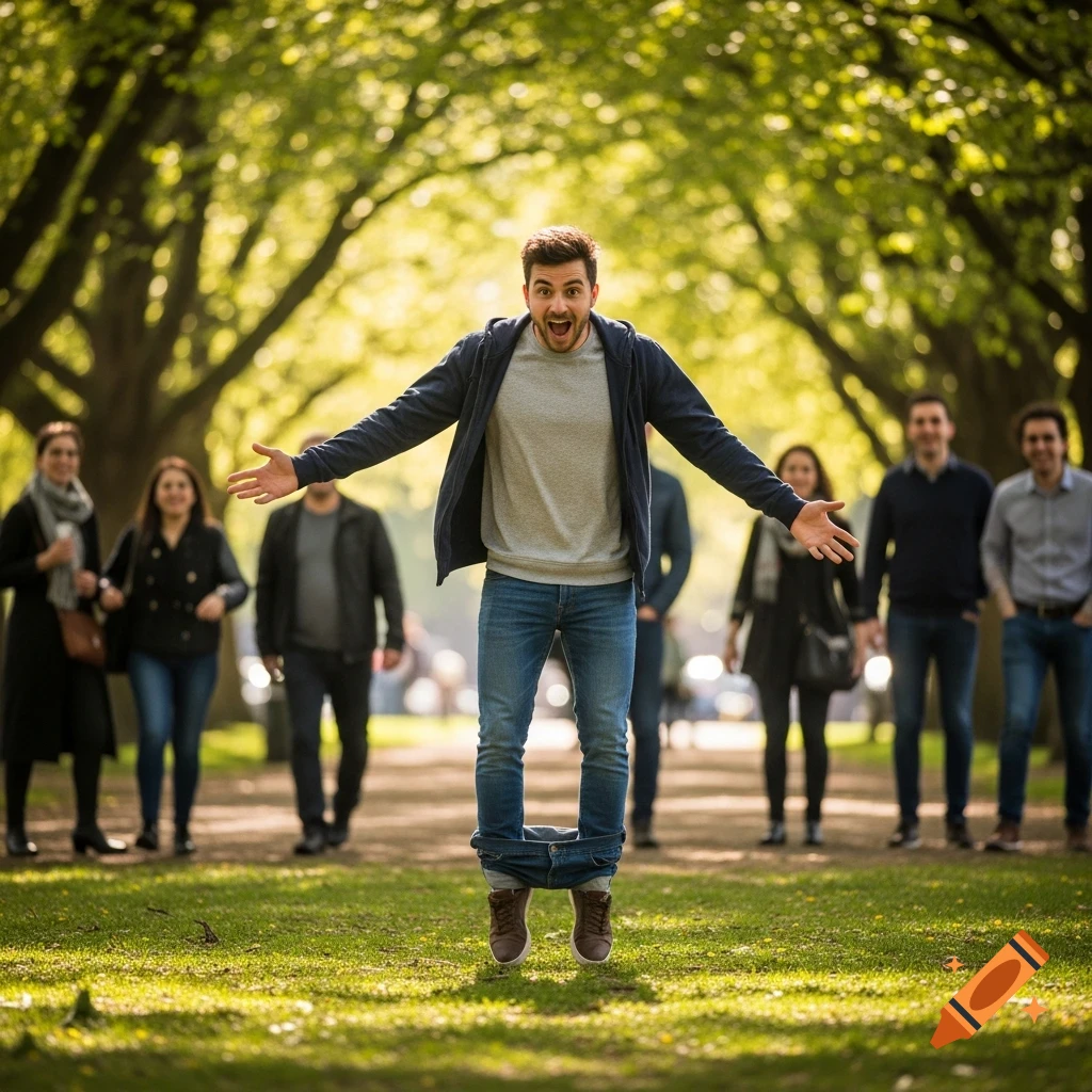 A man in jeans and a hoodie jumps with his pants down in a sunny park with blurred people in the background.
