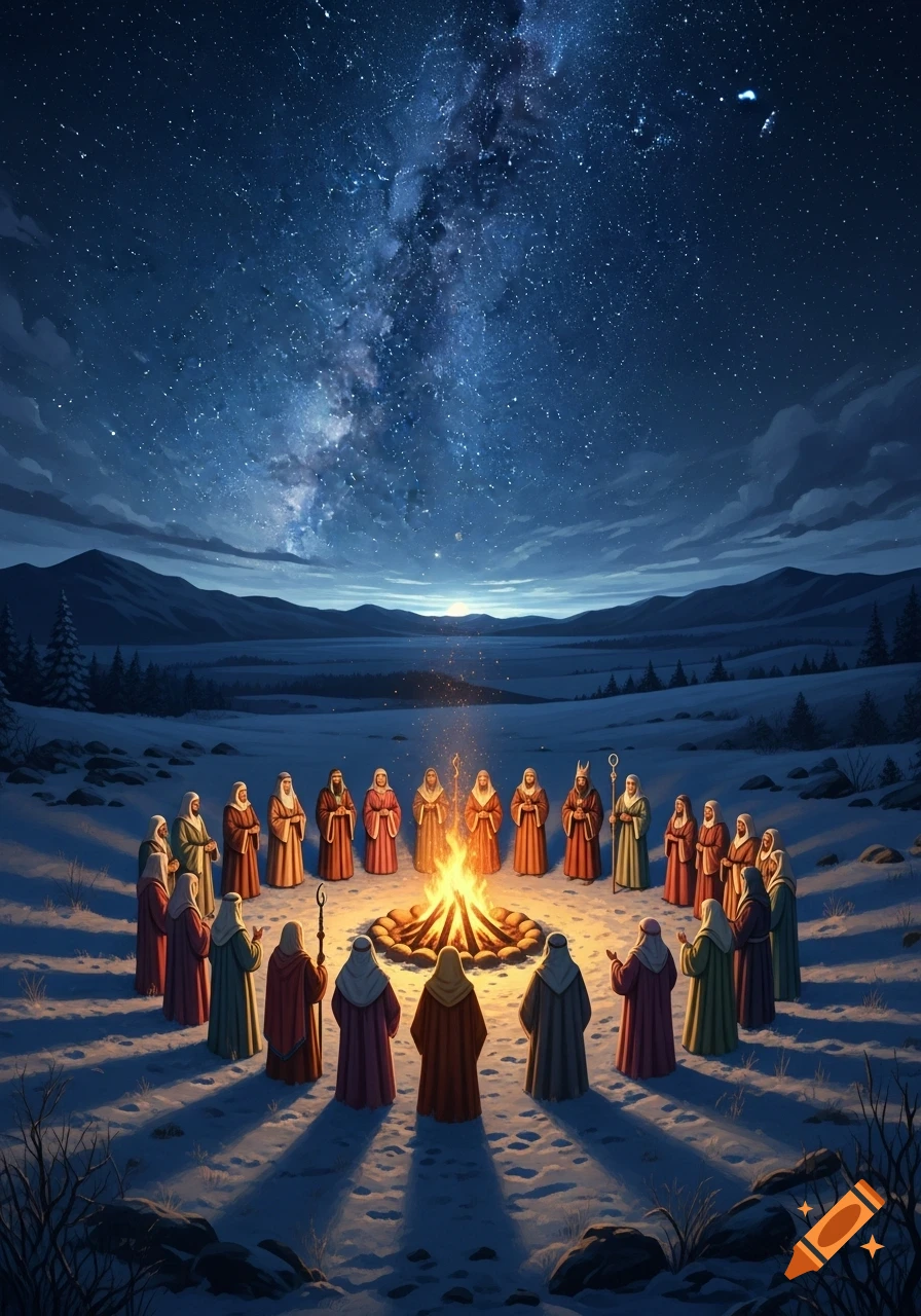 Robed figures gather in a circle around a warm campfire in a snowy mountain landscape under a brilliant starry night sky.