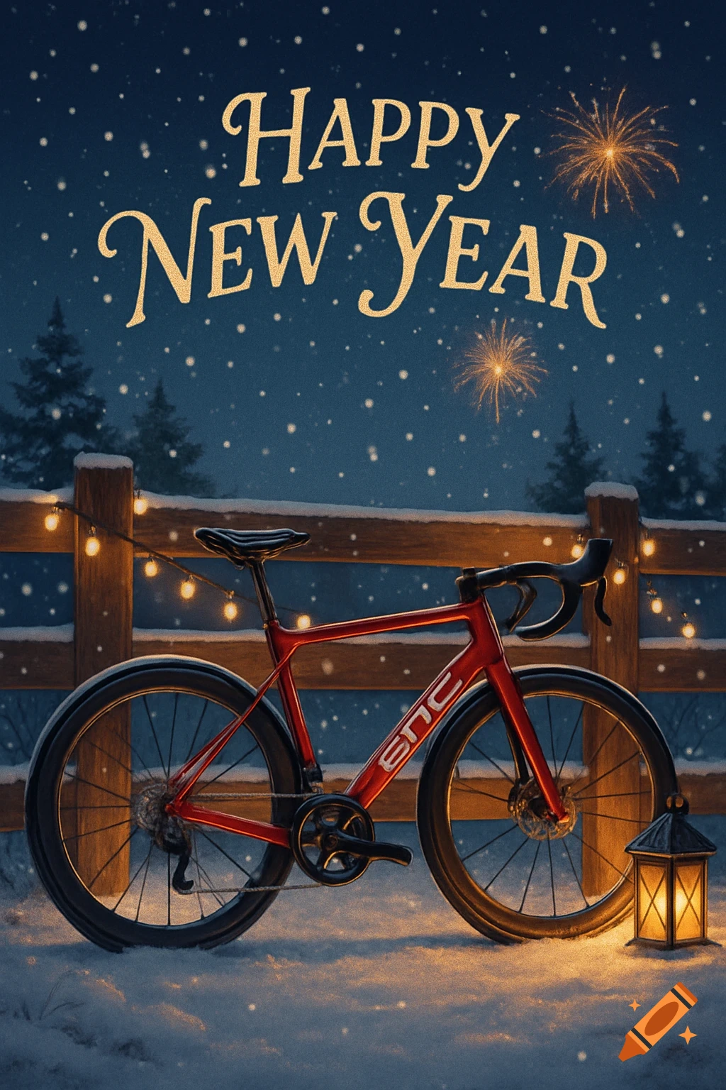 A red BMC bicycle stands in a snowy winter scene at night, behind a wooden fence adorned with string lights. Fireworks burst in the dark sky above "Happy New Year" text.