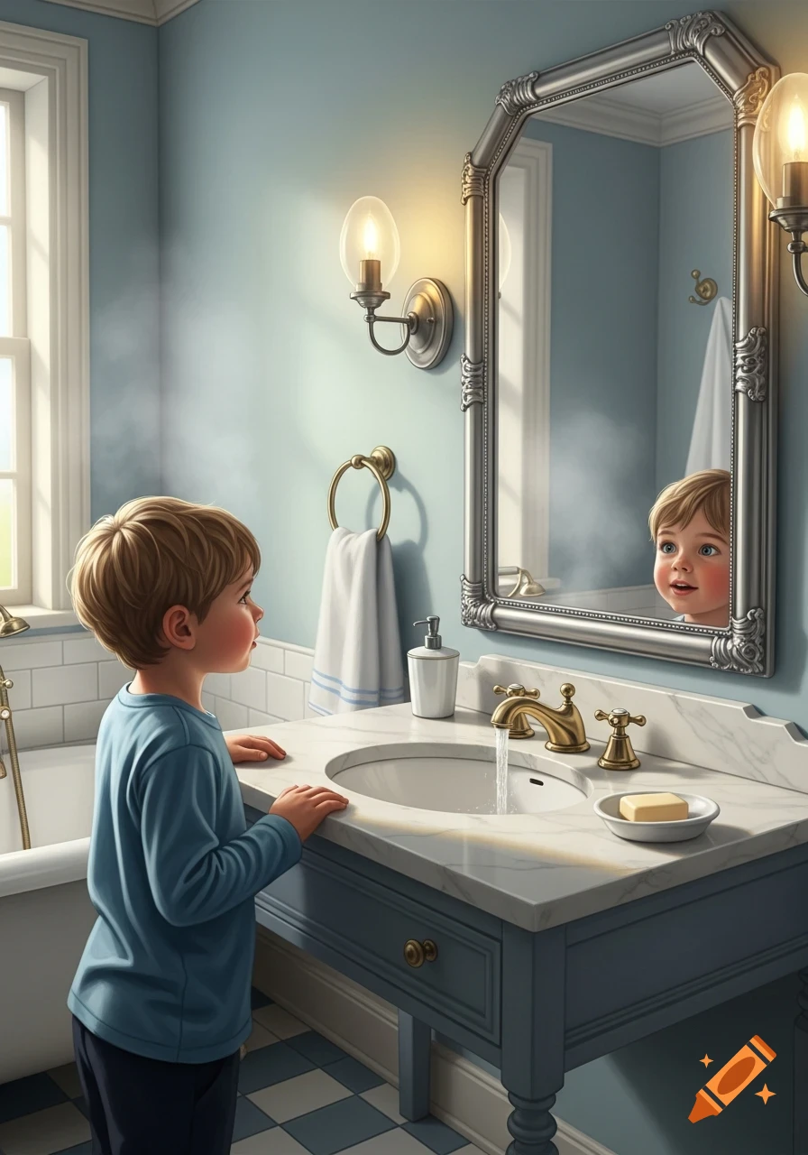 A young boy stands at a bathroom sink, looking at his reflection in a large ornate mirror, in a photorealistic style.