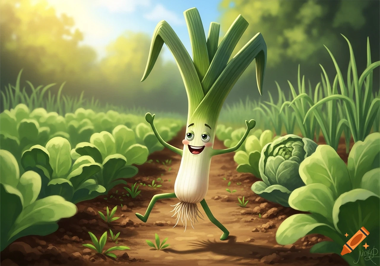 A cheerful cartoon leek with a face, arms, and legs dances happily in a sunny green vegetable field.