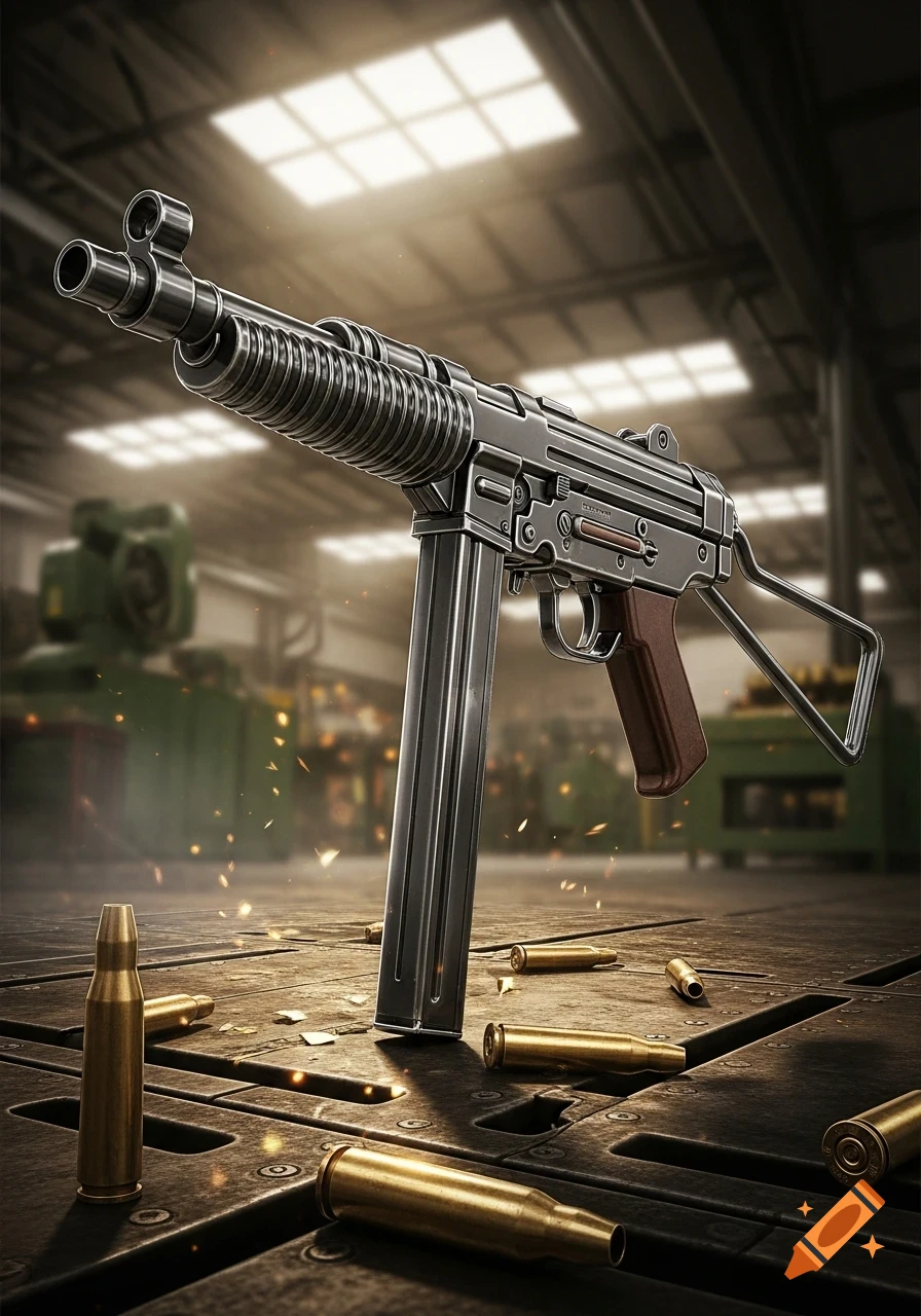 A photorealistic MP 40 submachine gun stands upright on a metal workbench with bullet casings, in an industrial setting.
