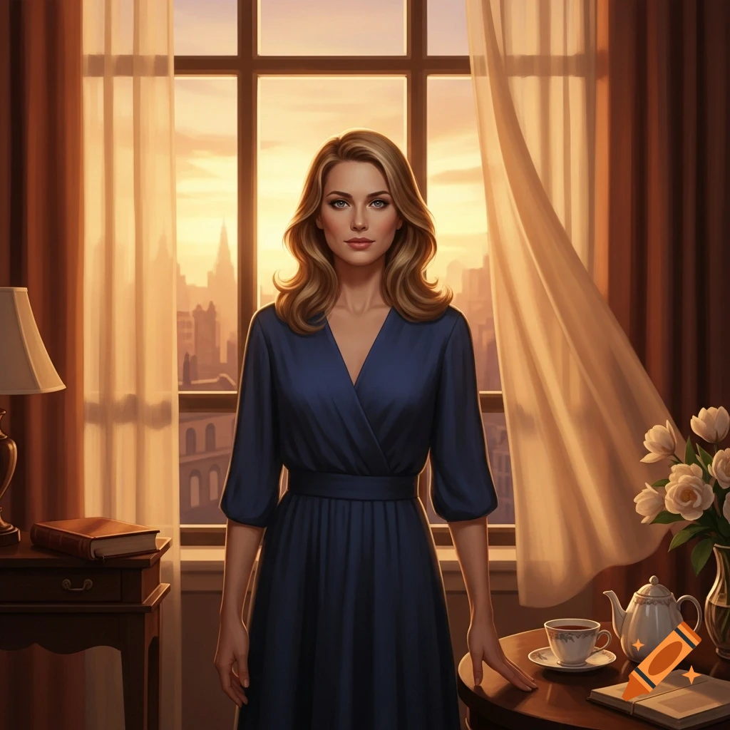 A dark blonde woman in a blue dress stands in front of a window at sunset, a cityscape visible outside. Realistic art.
