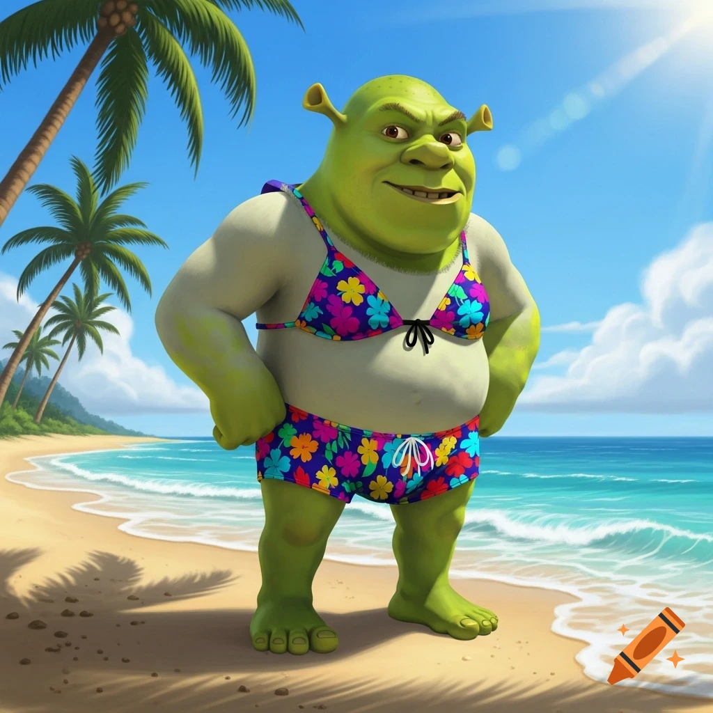 Shrek, the green ogre, stands on a sunny beach wearing a colorful floral bikini, with palm trees and ocean waves in the background.