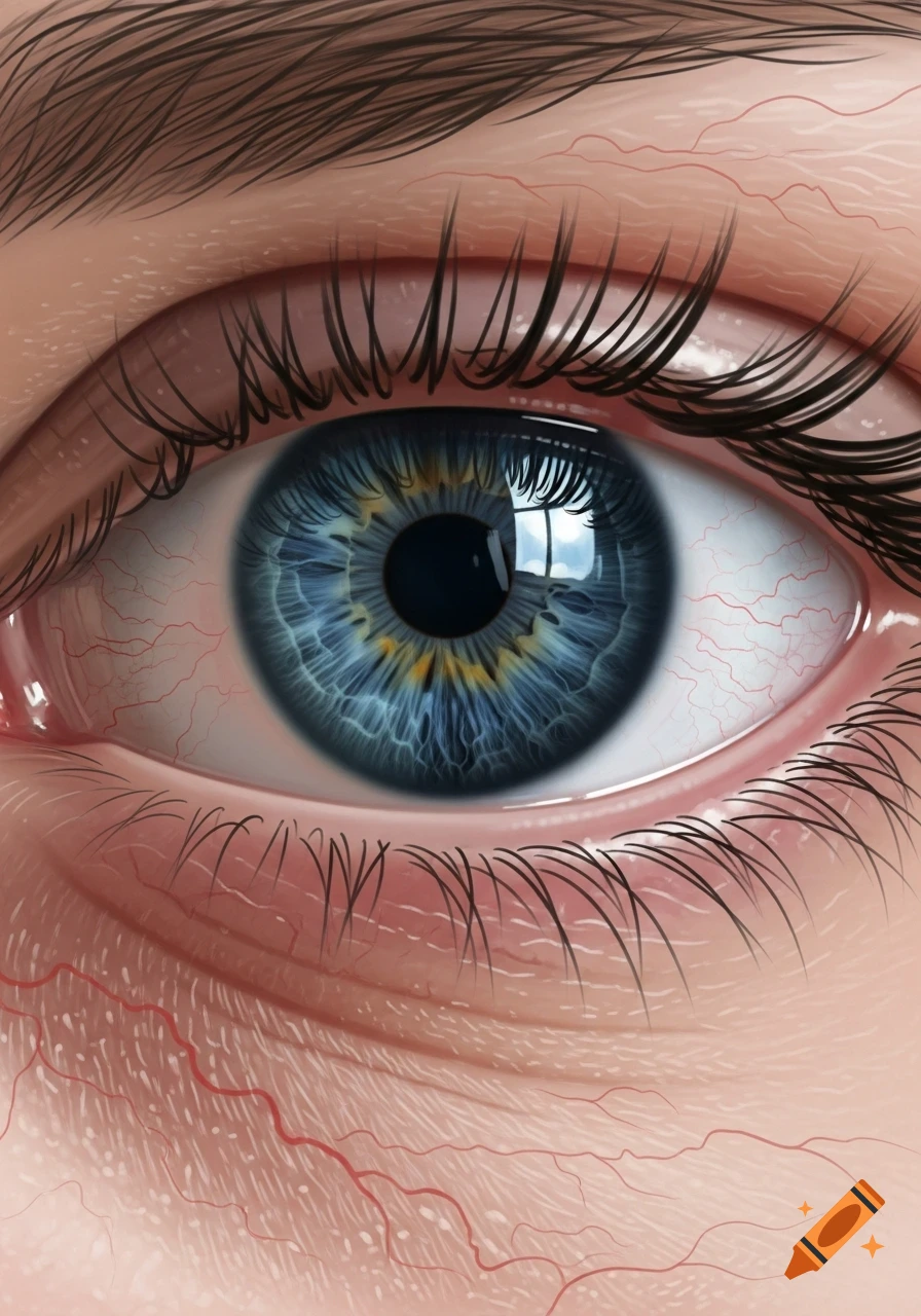 Close-up of a human eye with a blue iris, intricate blood vessels, and detailed eyelashes.