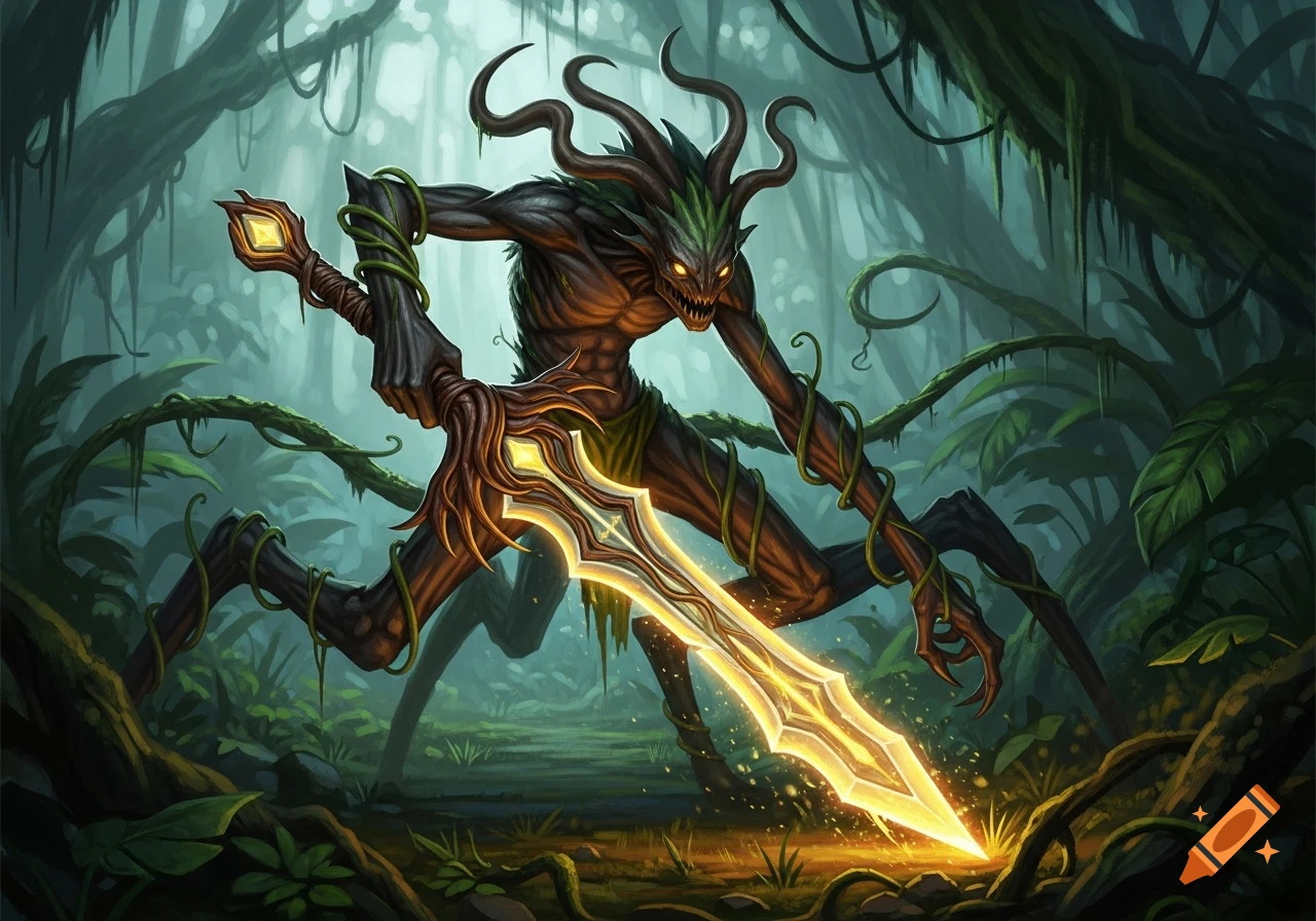 A dark, root-like monster with glowing eyes wields a radiant yellow sword in a dense, misty jungle.