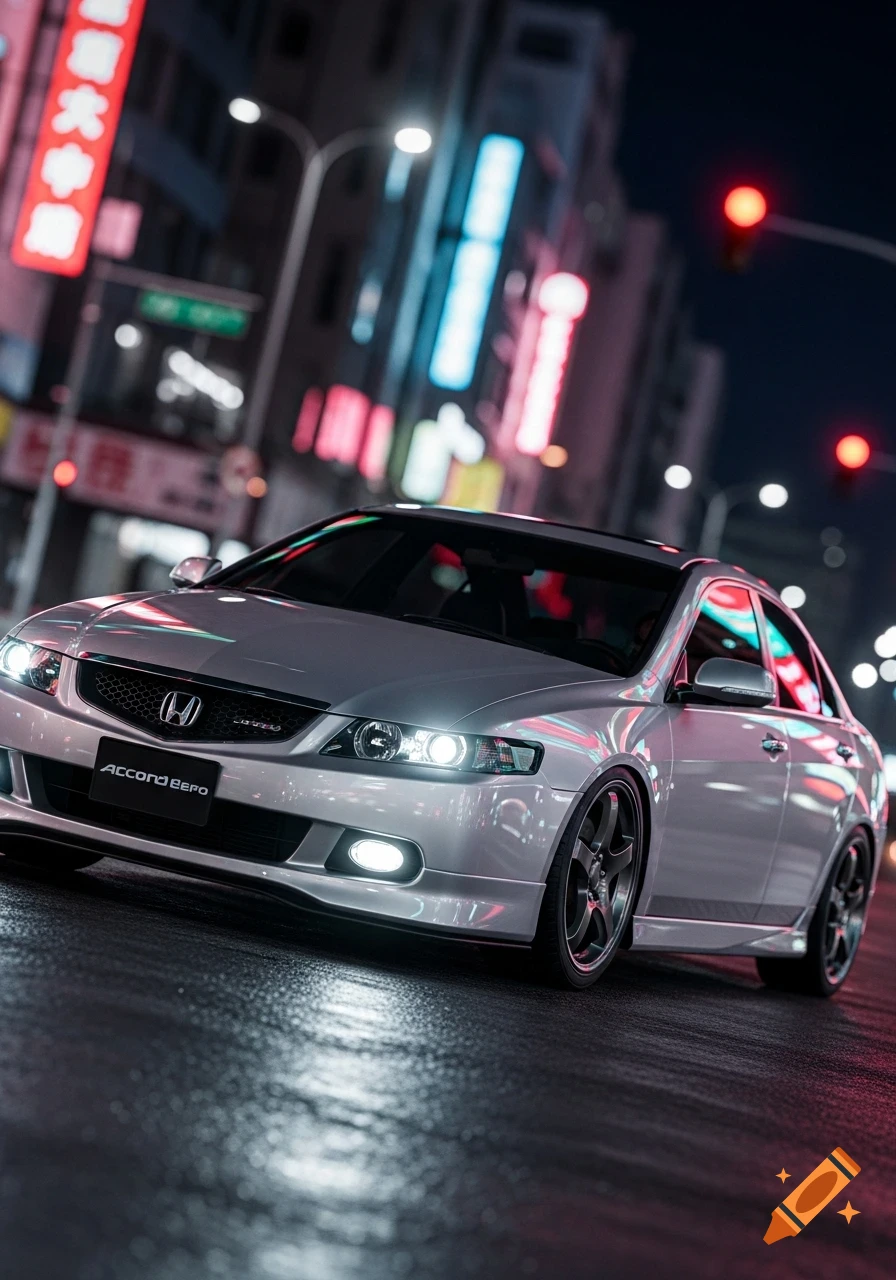 A silver Honda Accord Euro on a wet city street at night, illuminated by neon signs in the blurred background, photorealistic.