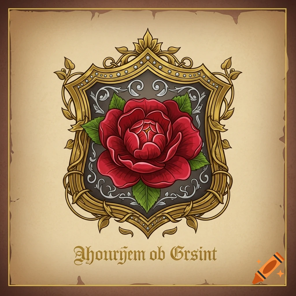 A richly decorated heraldic shield with a red rose at its center, against a beige background with stylized text below.