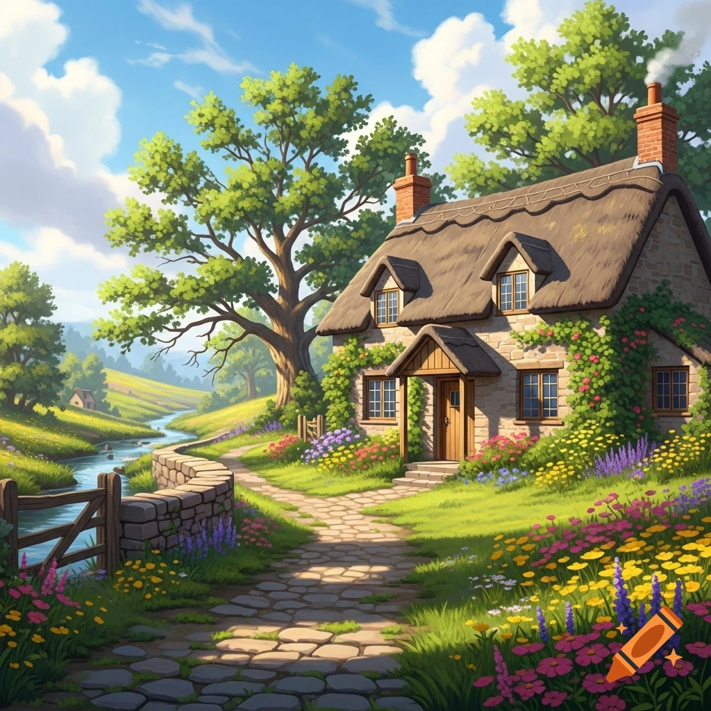 A charming stone cottage with a thatched roof, vibrant wildflowers, a ...