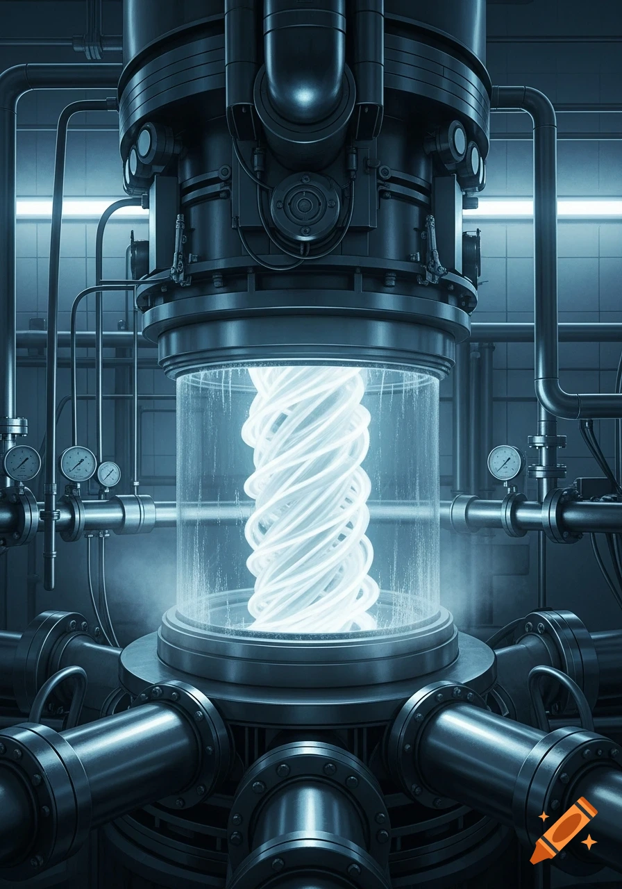 A futuristic industrial machine with a glowing, twisted energy core in a glass chamber surrounded by pipes and gauges.