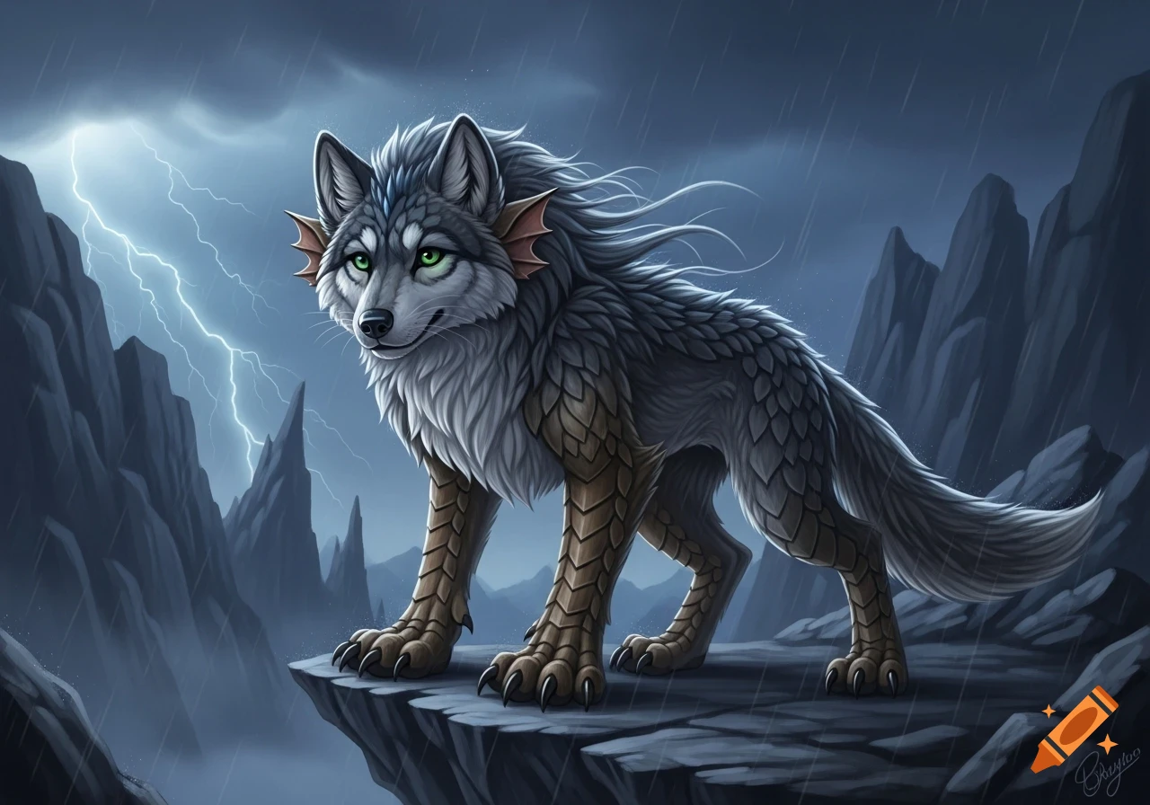 A stylized fantasy wolf-like creature with green eyes and scales stands on a rocky cliff under a stormy, lightning-filled sky.