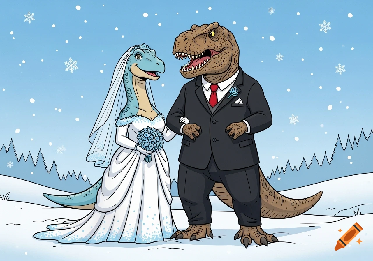 A cartoon T-Rex groom and a long-necked dinosaur bride in a white dress and veil with a blue bouquet stand in a snowy winter landscape.