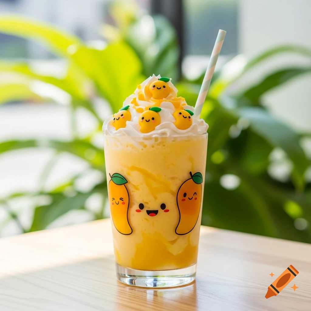 A kawaii mango shake with whipped cream, smiling mango candies, and a striped straw on a wooden table.