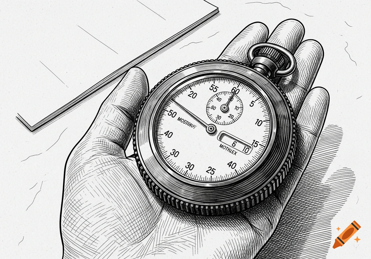 A black and white sketch of a hand holding a stopwatch.