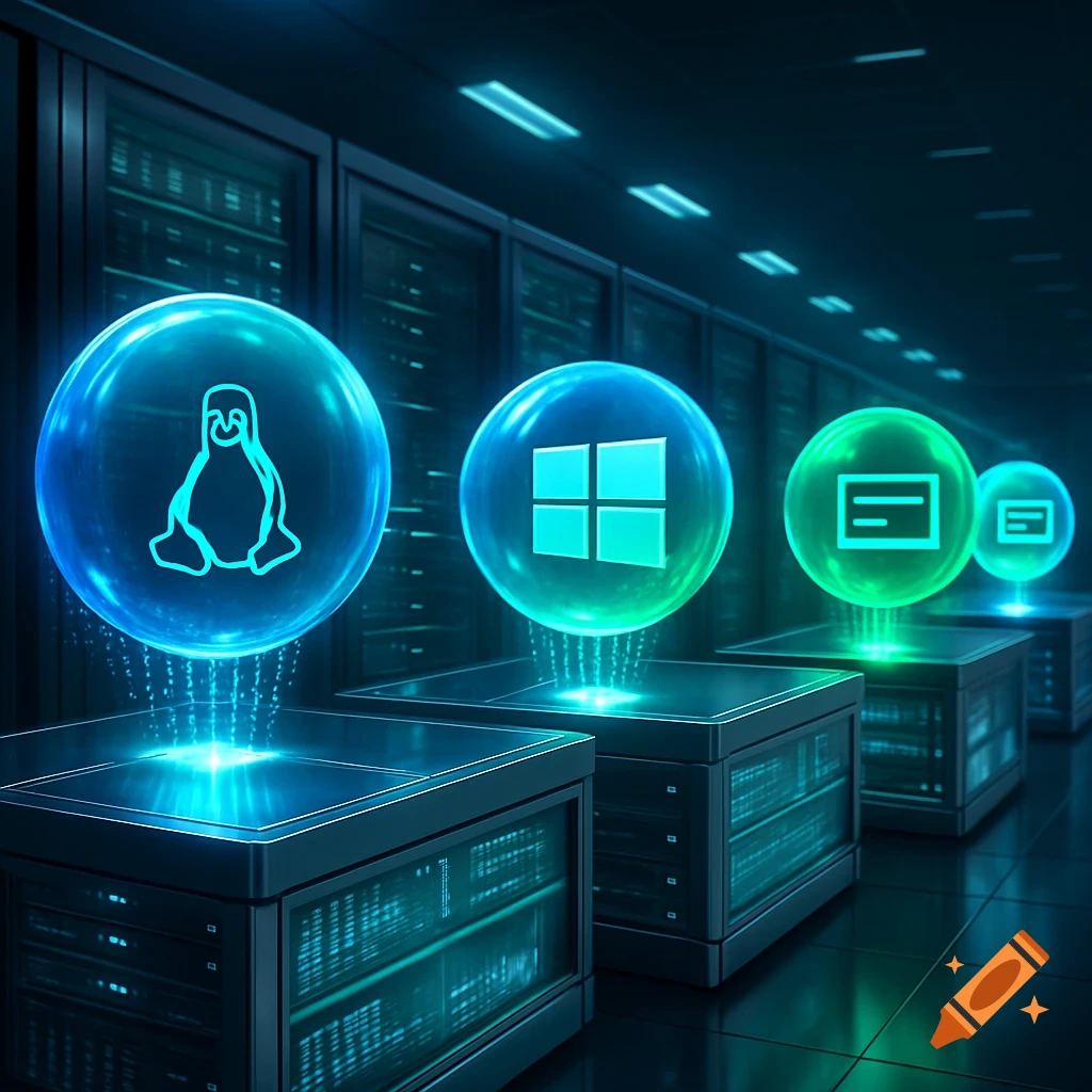 A dark server room with glowing blue and green holographic operating system logos (Linux, Windows) floating above server racks, representing virtualization.