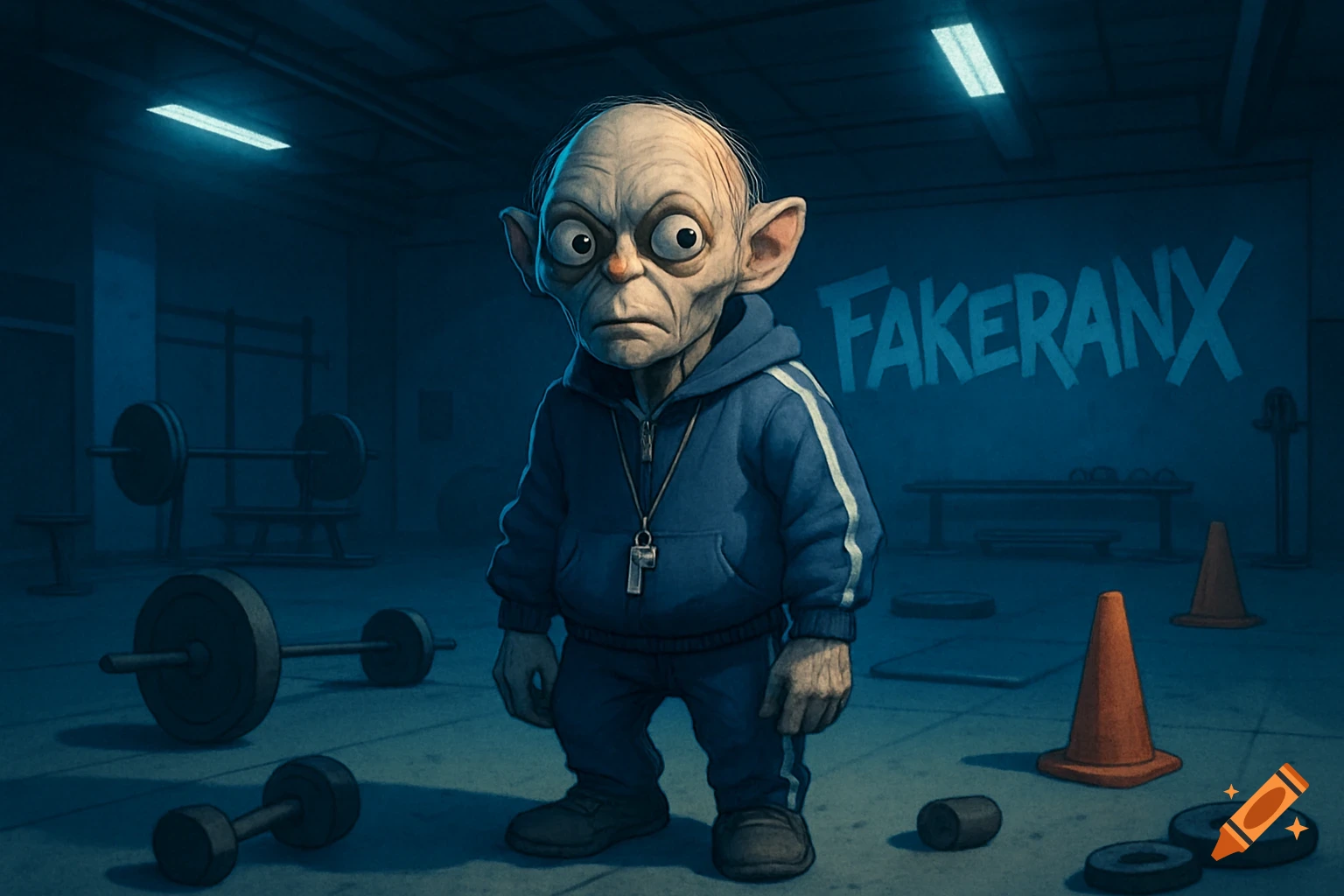 A stylized gollum-like creature in a blue tracksuit with a whistle, stands in a dimly lit gym with weights and 'FAKERANX' on the wall.