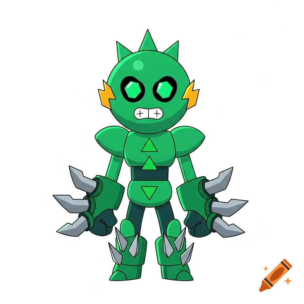 A cartoon-style green robot character with spikes, glowing diamond eyes, and clawed hands and feet, on a white background.