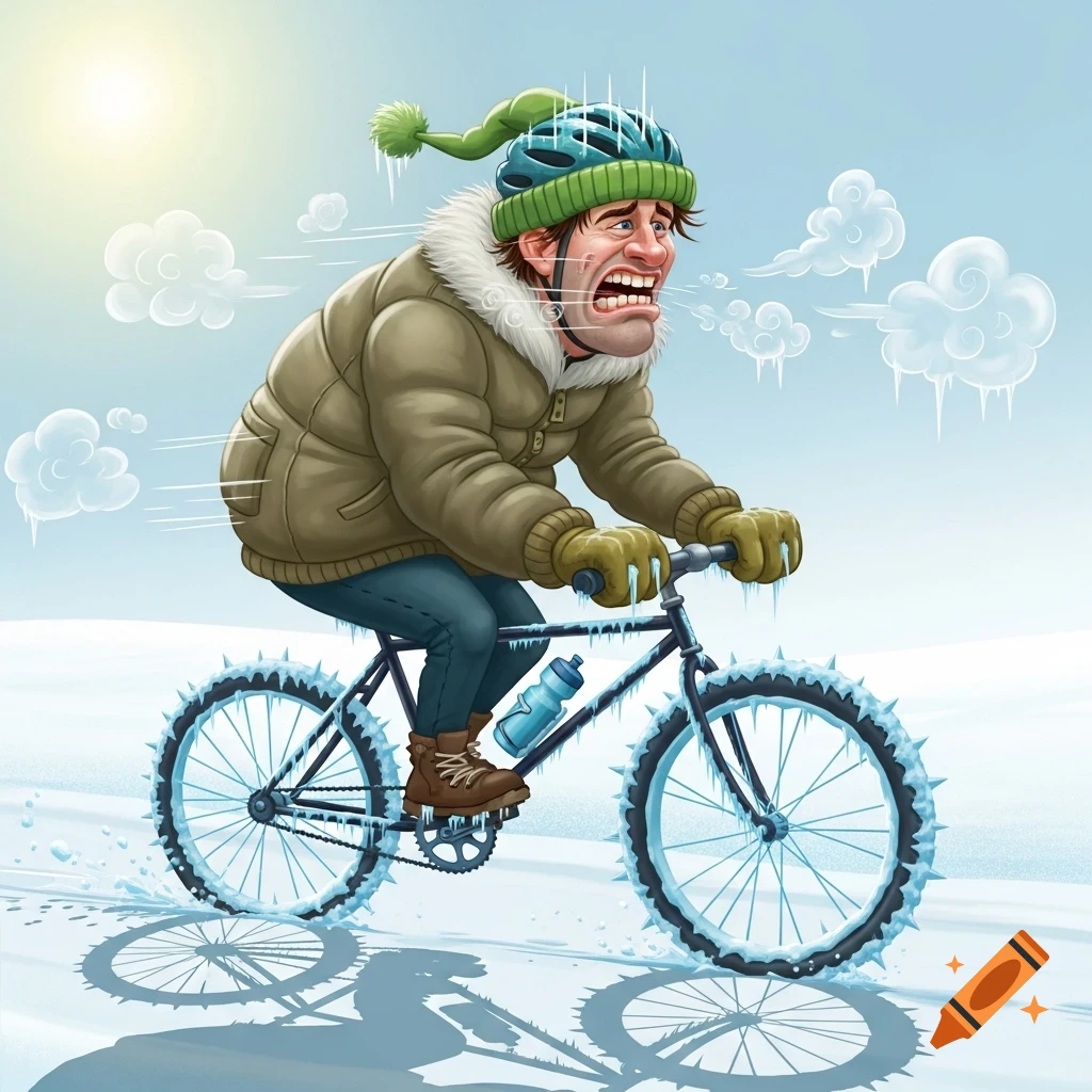 Cartoon illustration of a man shivering intensely and chattering teeth while cycling a bike with icy, spiky tires through a snowy landscape.