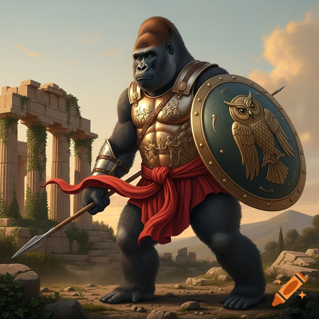 A gorilla warrior in golden Greek armor and a red skirt, holding a spear and an owl-emblazoned shield, stands among ancient ruins.