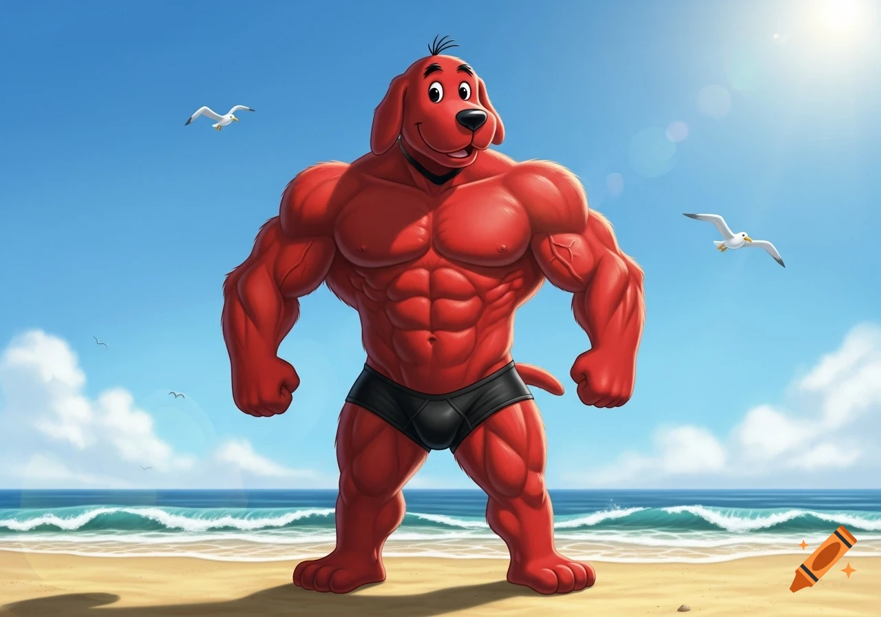Muscular, buff Clifford the Big Red Dog in a black Speedo stands on a sunny beach with the ocean behind him.