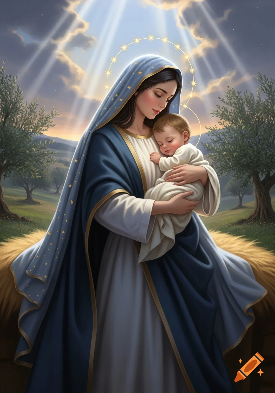 A radiant painting of Mary, wearing blue, holding the sleeping baby Jesus, bathed in divine light in a serene landscape.