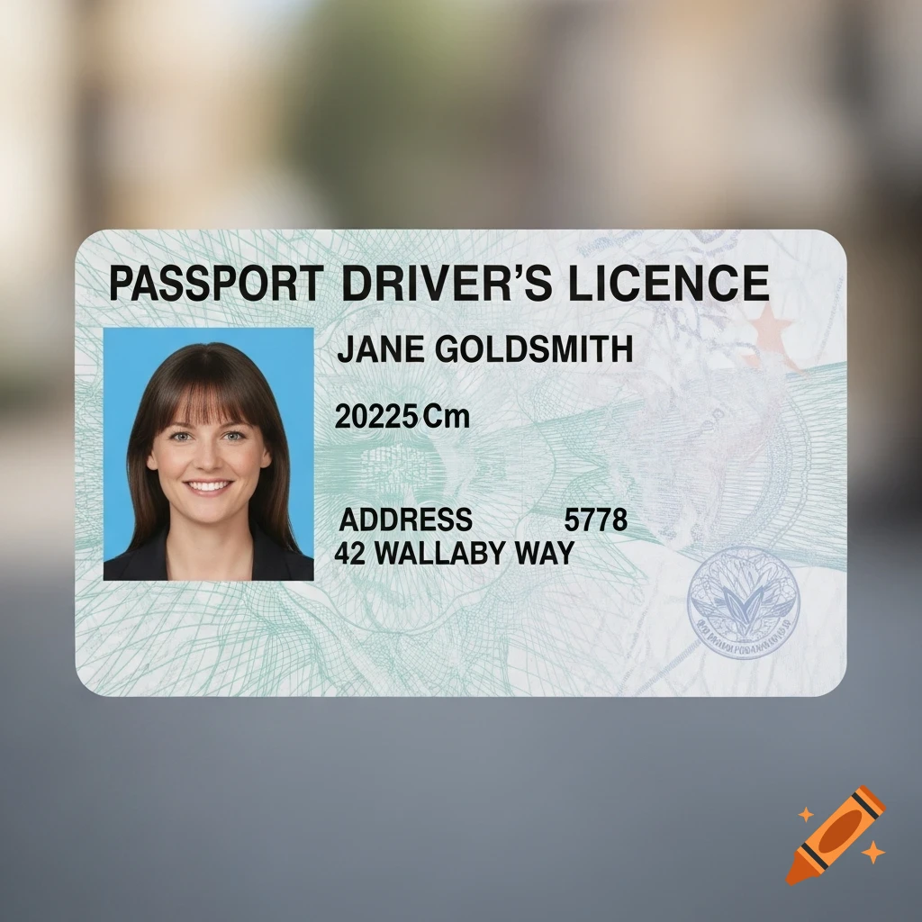 A close-up of a fake driver's license with a smiling woman's photo, the name Jane Goldsmith, and address 42 Wallaby Way.