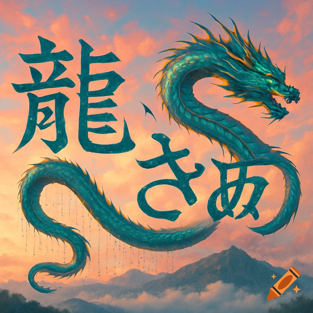 A teal dragon with gold accents and Japanese characters against a vibrant sunset sky over mountains.