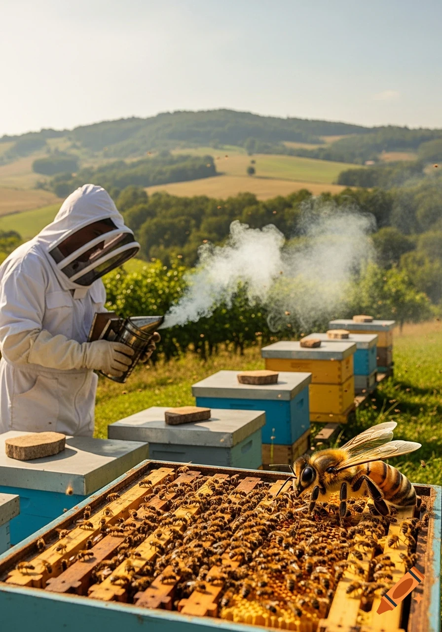 A beekeeper in a white suit uses a smoker near beehives in a sunny countryside. A large bee is on a hive frame in the foreground.