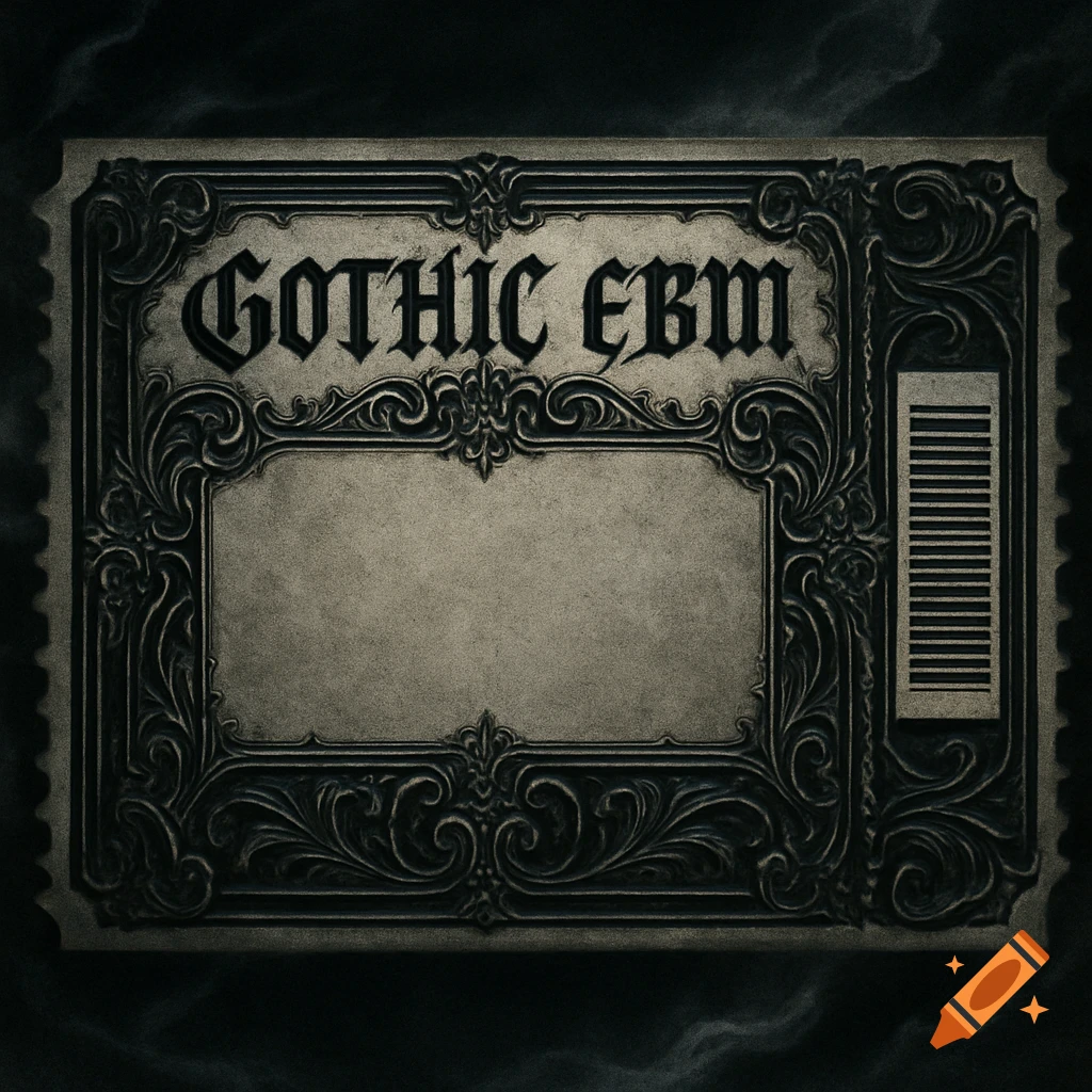 Ornate gothic-style concert ticket with 'GOTHIC EBM' in bold script and a blank area for event details.