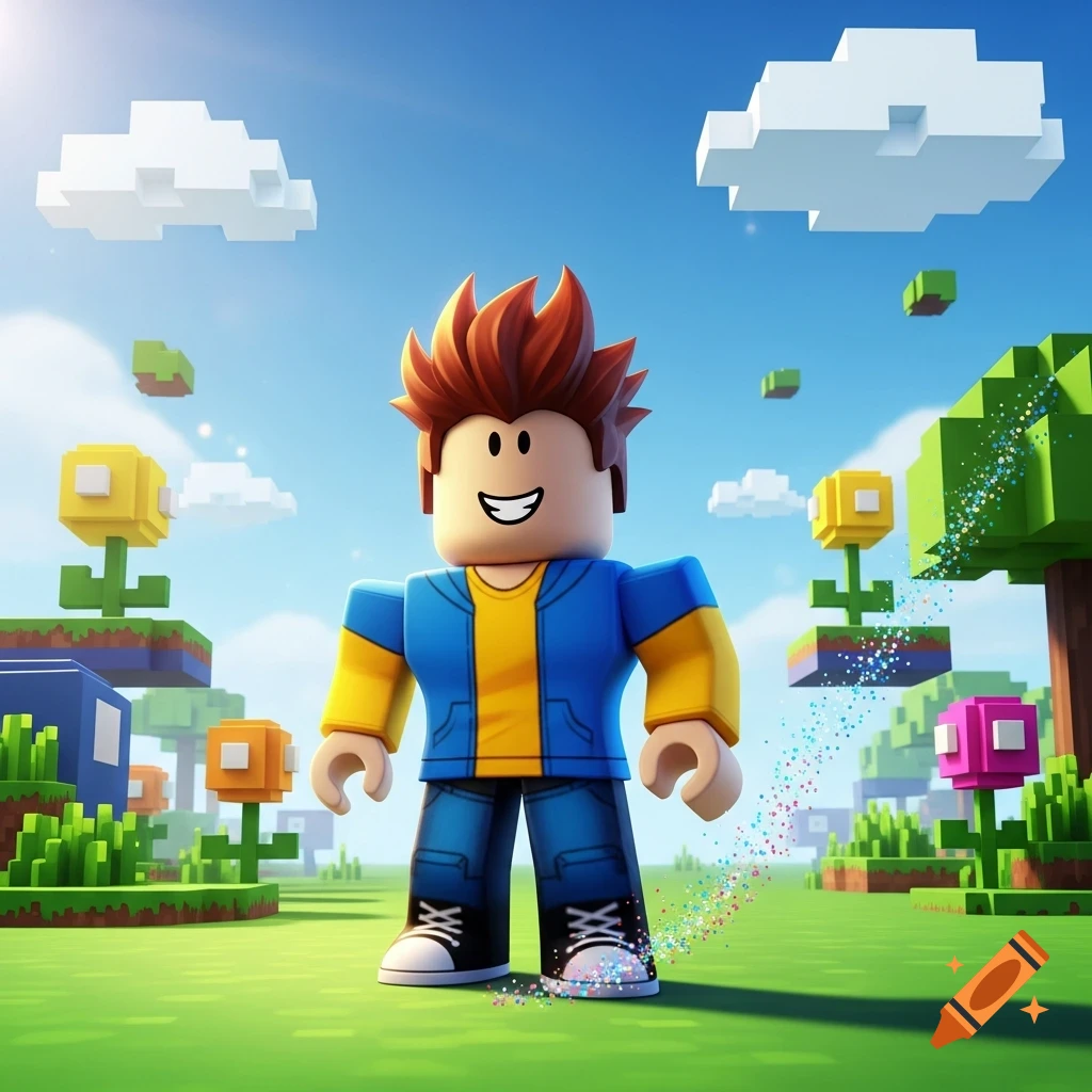 A smiling Roblox character in a blue and yellow jacket stands on green grass in a vibrant, blocky landscape with pixelated clouds and colorful flowers.