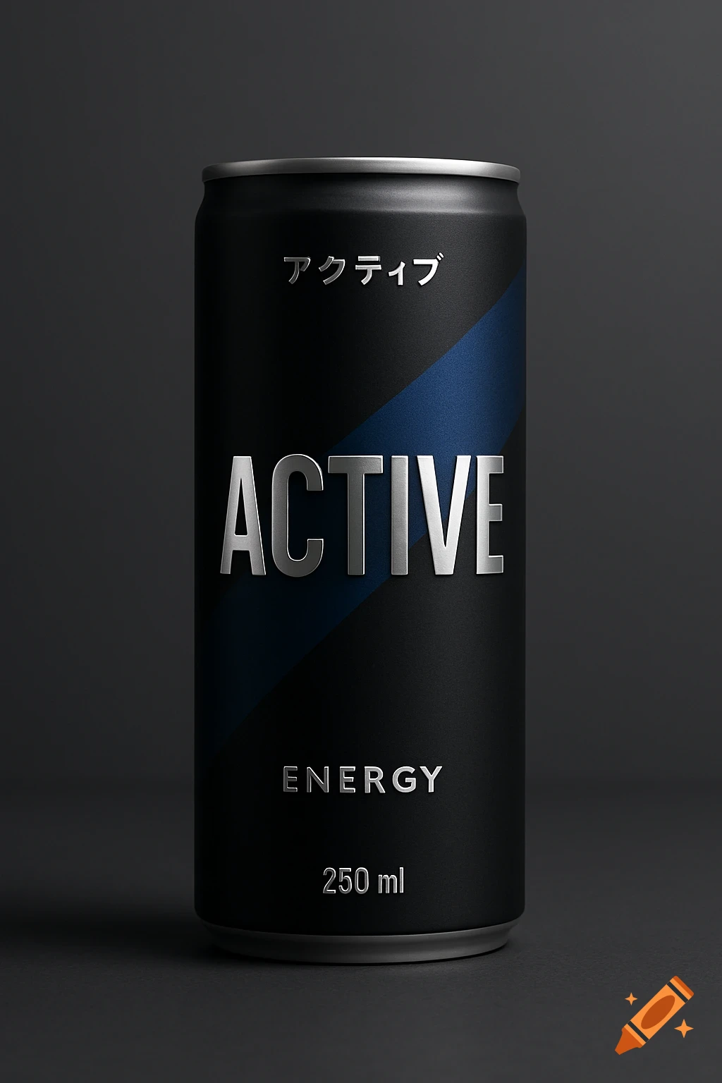 A sleek matte black energy drink can with a deep blue diagonal stripe, silver 'ACTIVE' logo, 'ENERGY', '250 ml', and Japanese text.