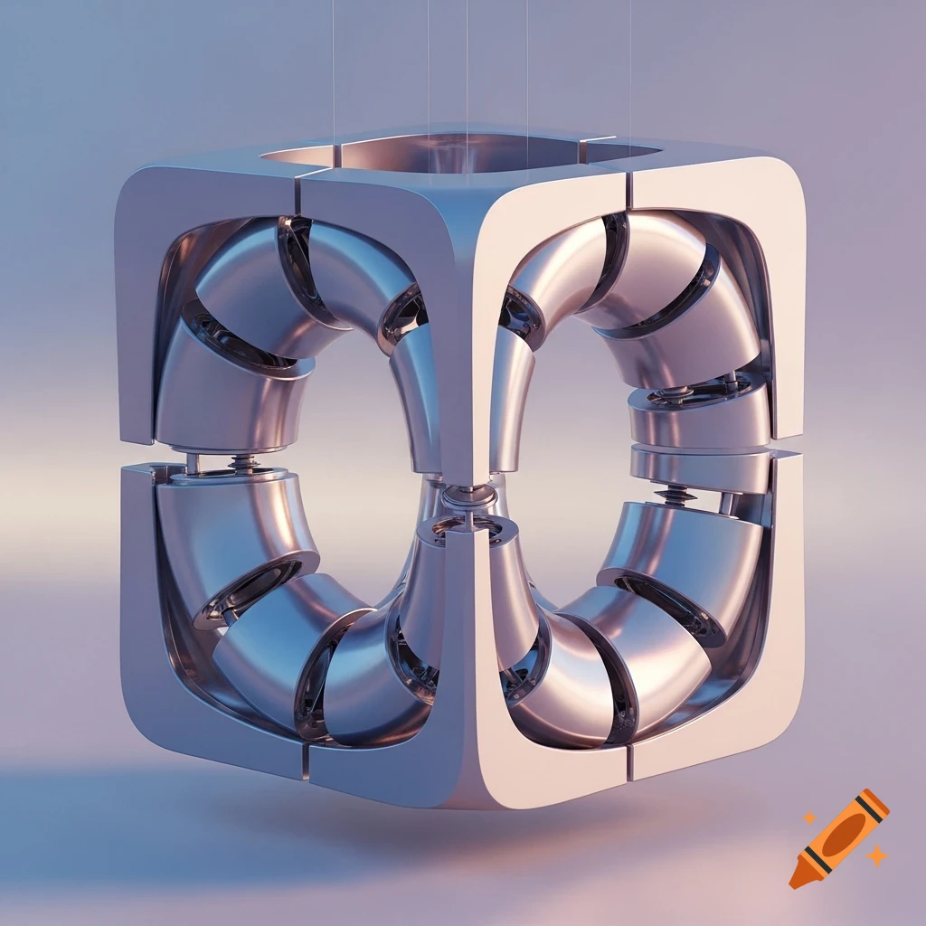 A shiny, metallic, cube-like structure with rounded edges, featuring an inner tubular loop composed of ten curved segments.
