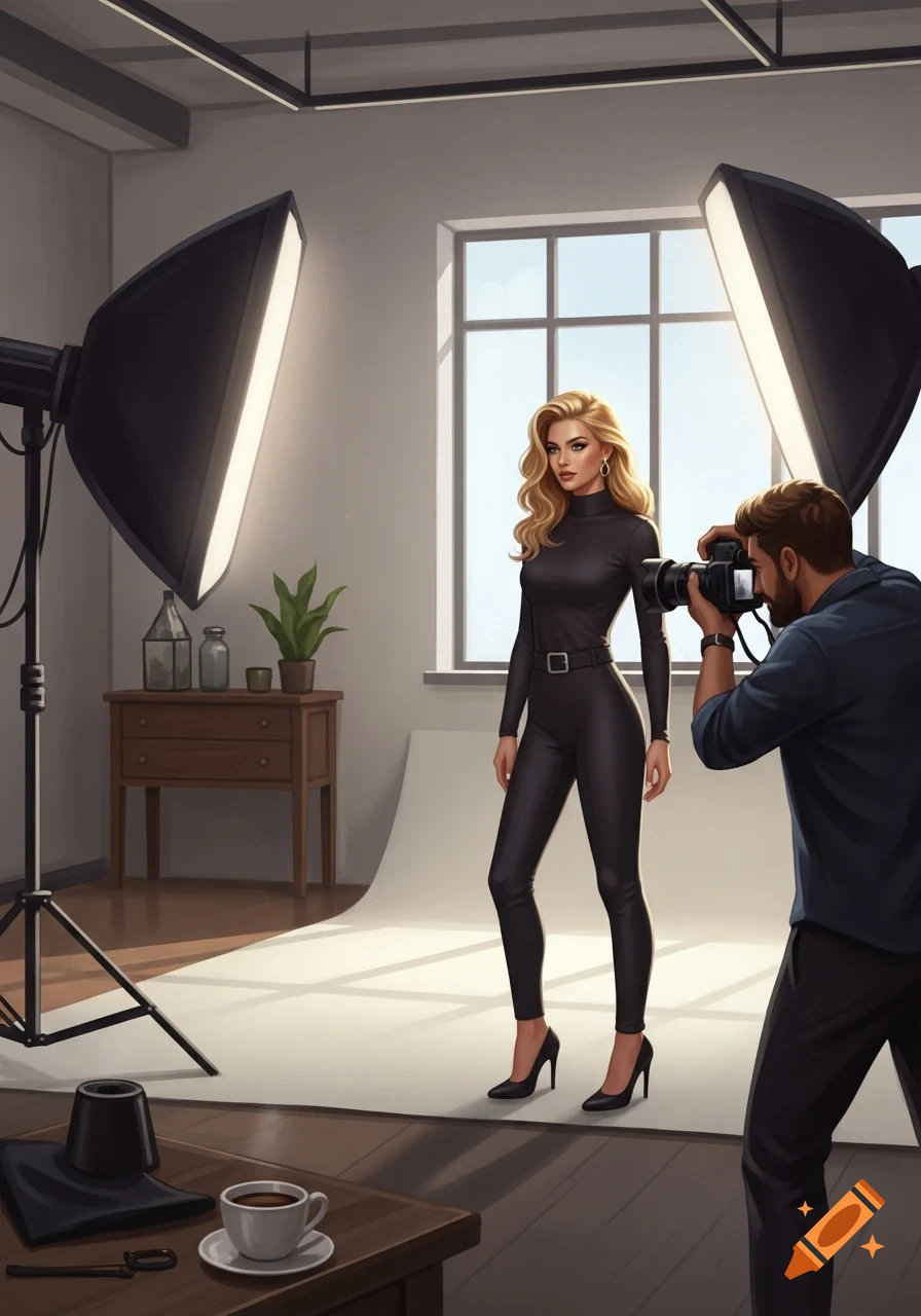 A female model in a black jumpsuit poses for a male photographer in a brightly lit studio setting.