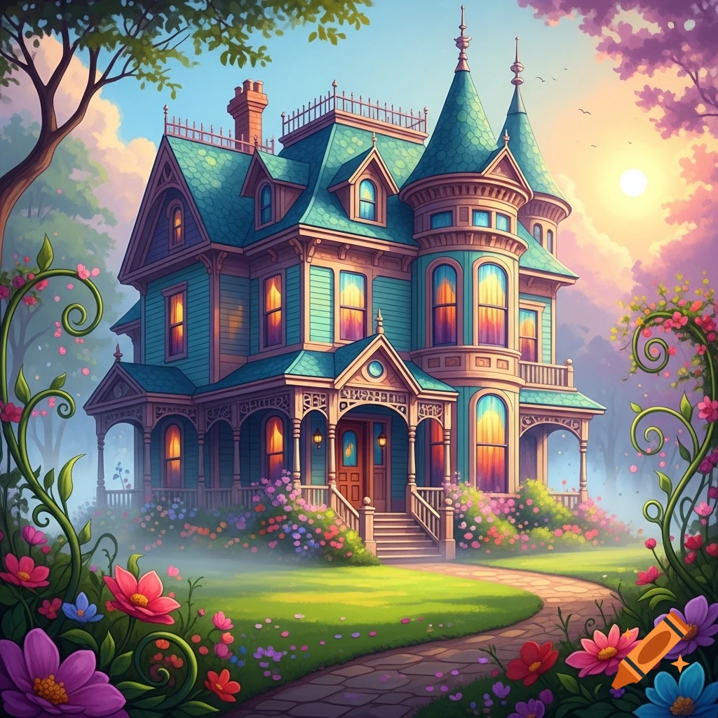 A vibrant, whimsical painting of a teal Victorian house with turrets and colorful windows, surrounded by blooming flowers.