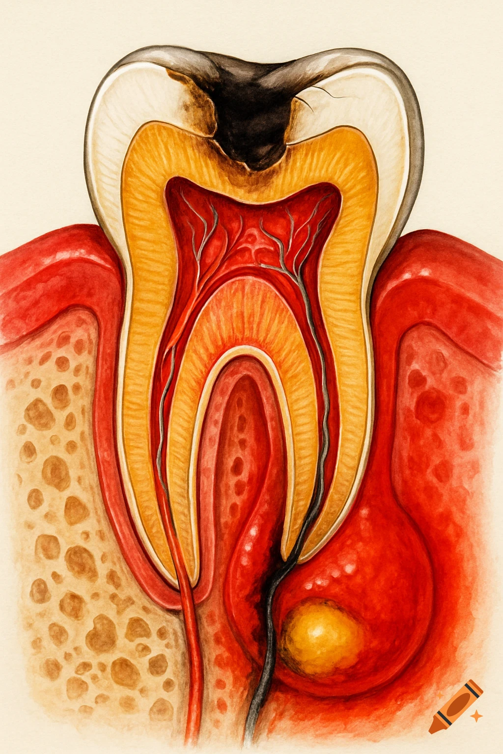 Detailed medical illustration of a tooth cross-section showing a cavity, inflamed pulp, and an abscess at the root.