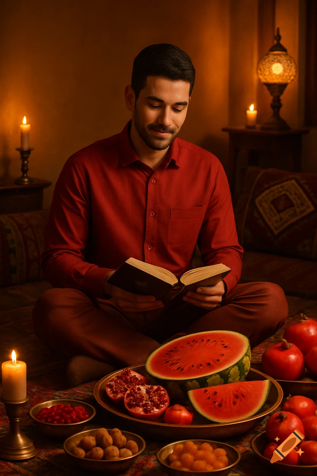 A man in a red shirt sits cross-legged, reading a book by candlelight next to a table of fruits and nuts in a warm, traditional Iranian setting.