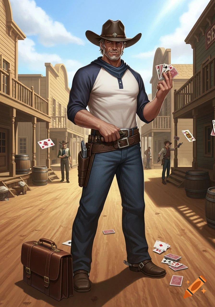 A rugged cowboy stands in a dusty western town street, holding a hand of playing cards. A satchel lies by his foot, and more cards are scattered on the ground. The background features wooden buildings.