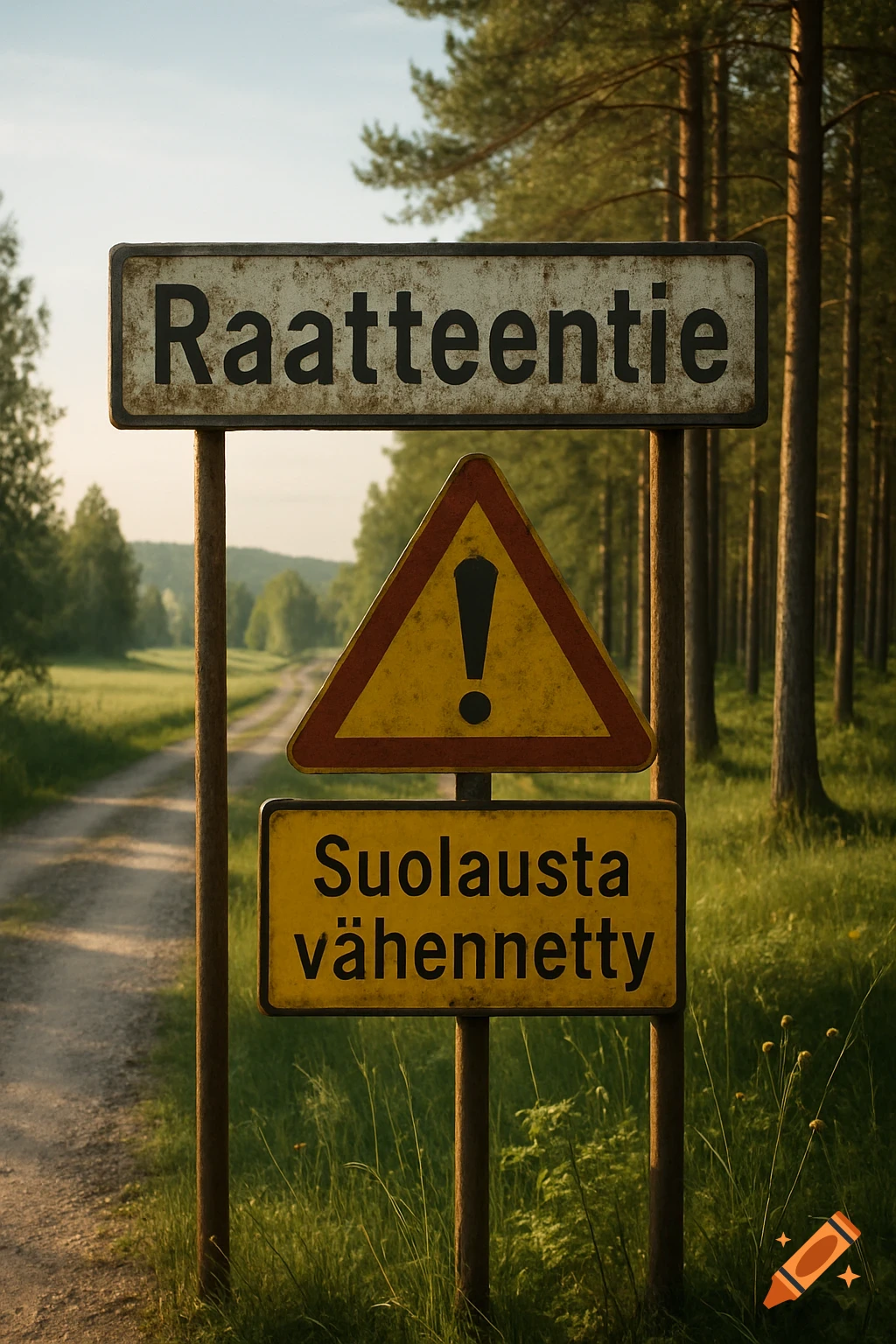 Weathered Finnish road signs on a dirt road through a pine forest, with text "RAATTEENTIE" and "Suolausta vähennetty".