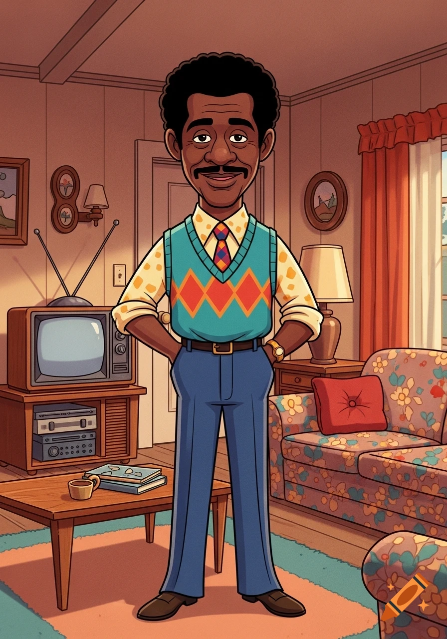 Cartoon of an 80s African American sitcom dad with a giant nose, standing in a retro living room.