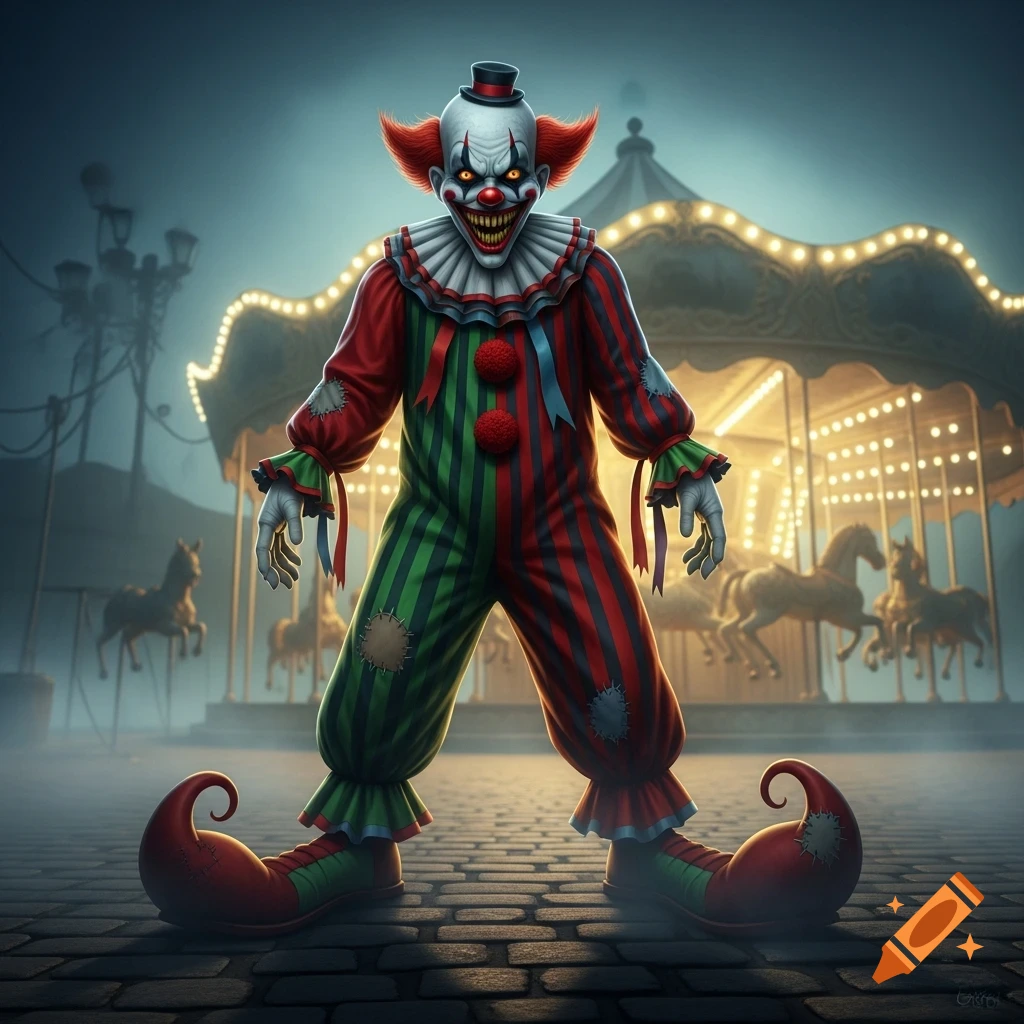 A terrifying clown with sharp teeth and glowing eyes in a red and green striped suit stands menacingly before a dimly lit carousel.