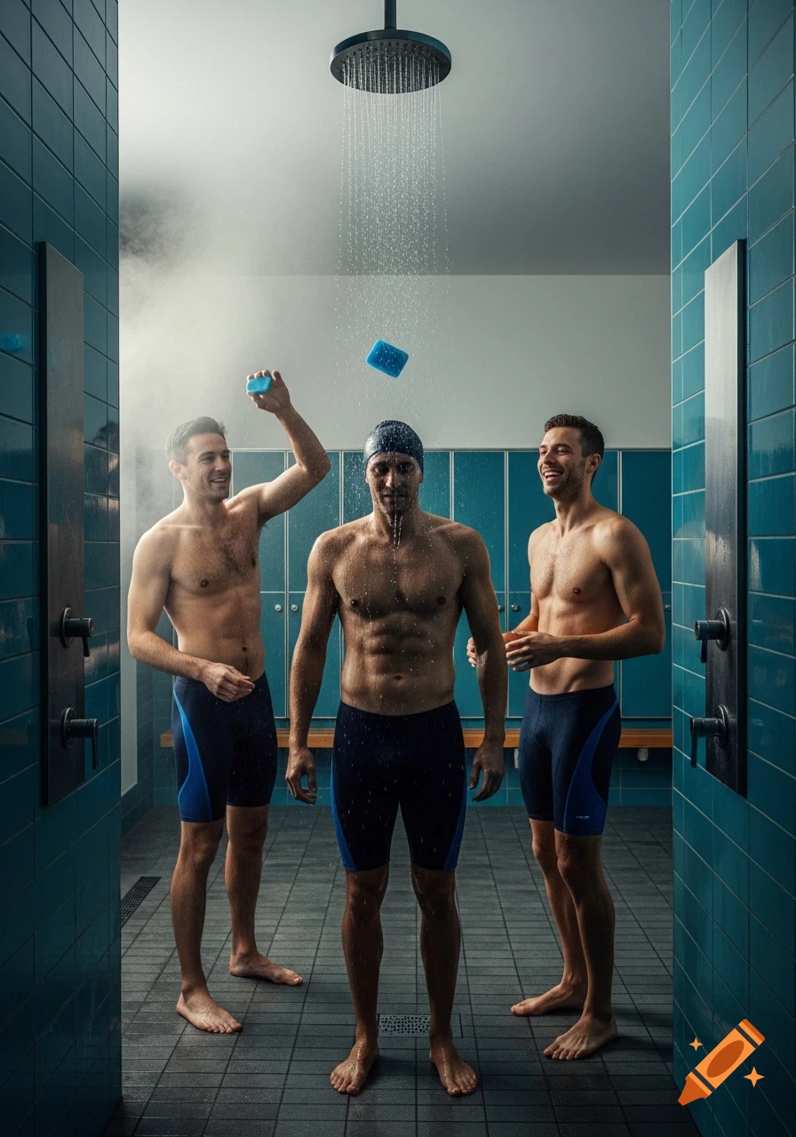 Three men in a blue-tiled shower room, one in a swim cap being pranked with soap dropped on his head by another, while the third laughs.