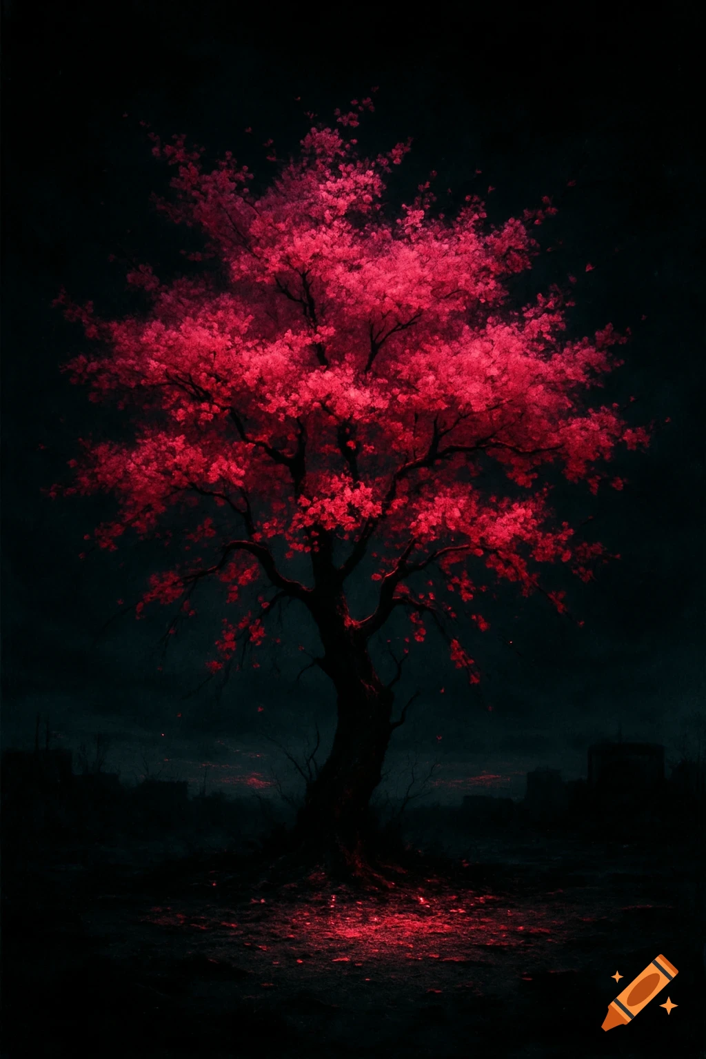 A vibrant pink cherry blossom tree stands prominently against a dark, moody background, with glowing pink petals scattered on the ground, creating a dramatic and artistic scene.