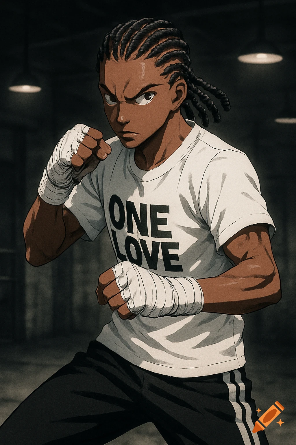 A dark-skinned male anime character with braided hair, wearing boxing hand wraps and a white t-shirt that says "ONE LOVE", in a fierce fighting stance.