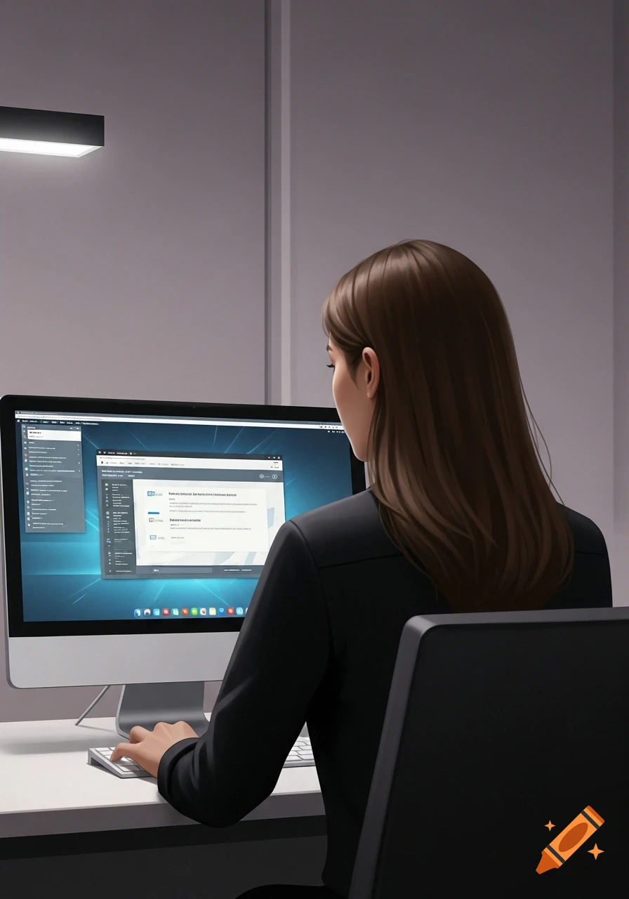 Woman with brown hair seen from behind working on a computer in a modern office, looking professional and focused.